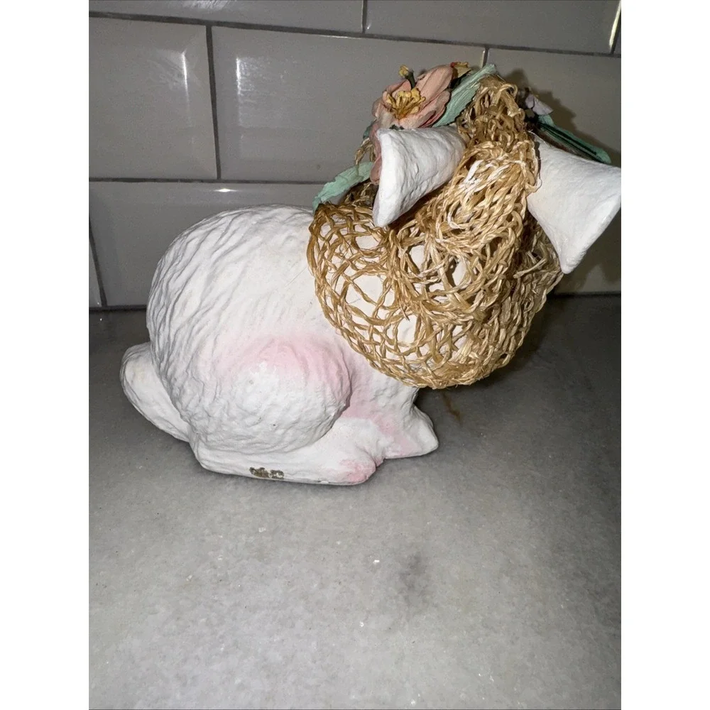 VINTAGE PAPER MACHE SITTING GIRL BUNNY W/ STRAW HAT MADE IN THE‎ PHILIPPINES
